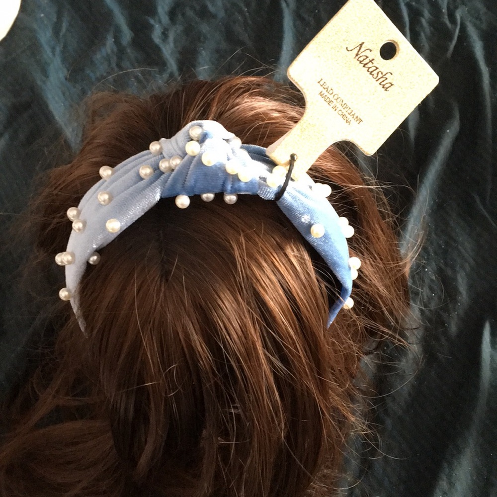 New Natasha Blue Velvet Twist Headband w Pearls